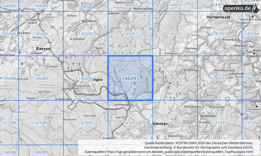 Übersichtskarte des KOSTRA-DWD-2020-Rasterfeldes Nr. 146091