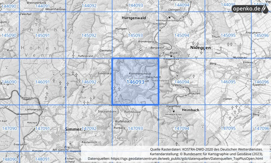 Übersichtskarte des KOSTRA-DWD-2020-Rasterfeldes Nr. 146093