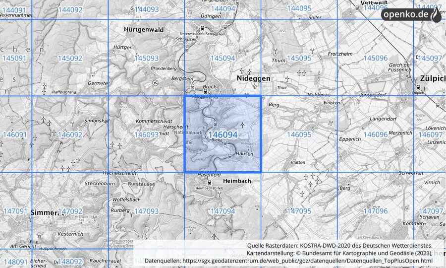 Übersichtskarte des KOSTRA-DWD-2020-Rasterfeldes Nr. 146094