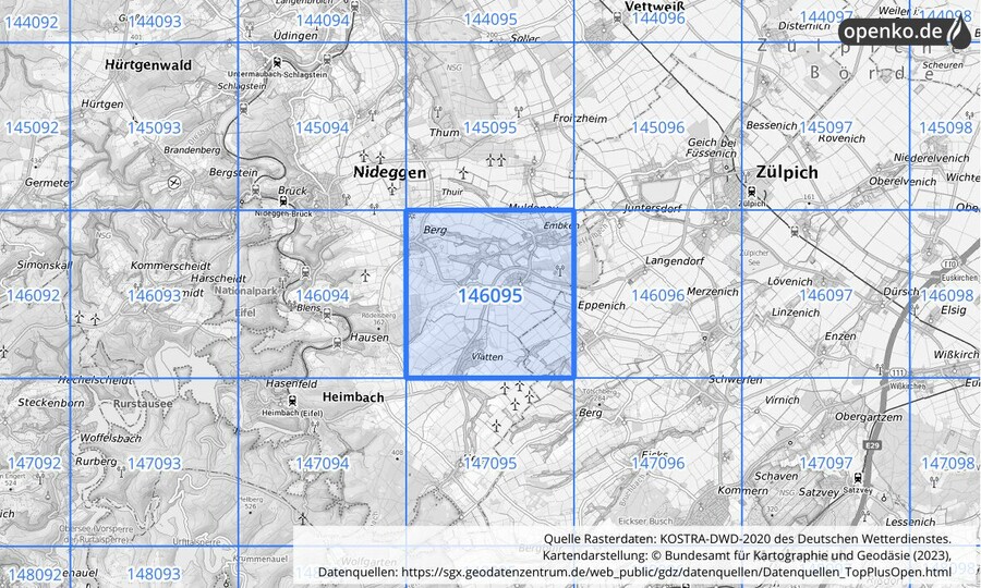 Übersichtskarte des KOSTRA-DWD-2020-Rasterfeldes Nr. 146095