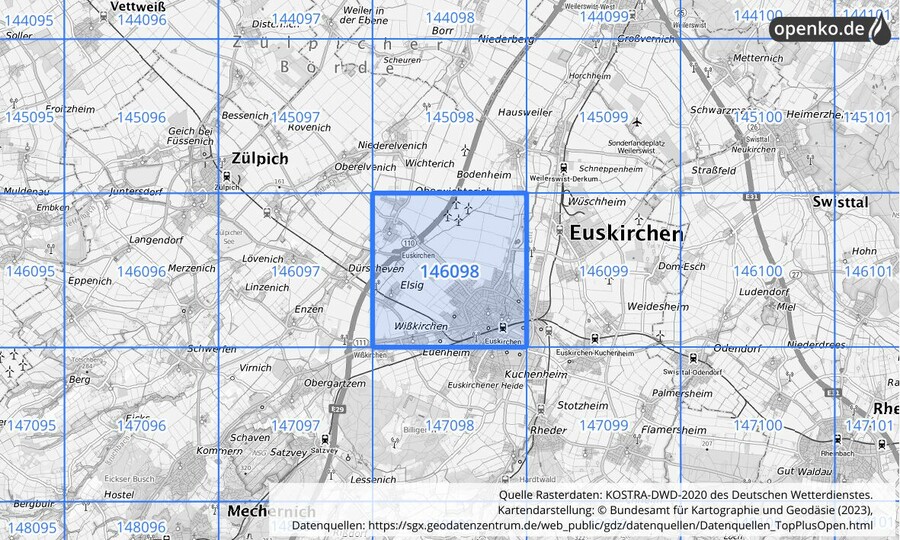 Übersichtskarte des KOSTRA-DWD-2020-Rasterfeldes Nr. 146098