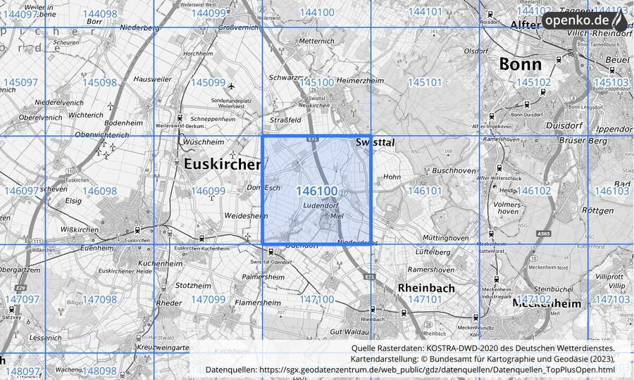 Übersichtskarte des KOSTRA-DWD-2020-Rasterfeldes Nr. 146100