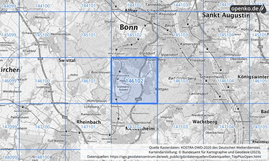 Übersichtskarte des KOSTRA-DWD-2020-Rasterfeldes Nr. 146102