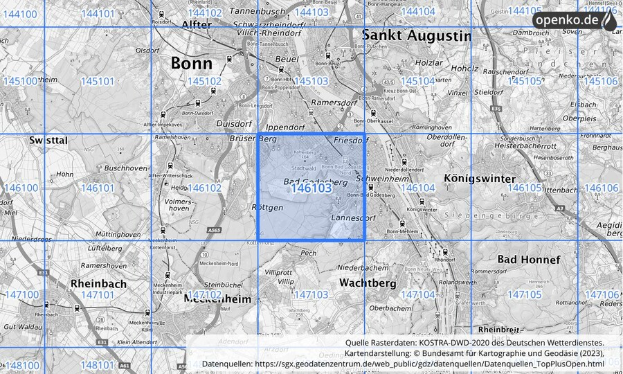 Übersichtskarte des KOSTRA-DWD-2020-Rasterfeldes Nr. 146103