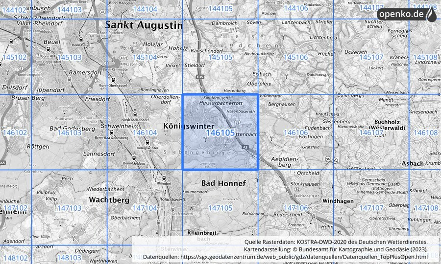 Übersichtskarte des KOSTRA-DWD-2020-Rasterfeldes Nr. 146105