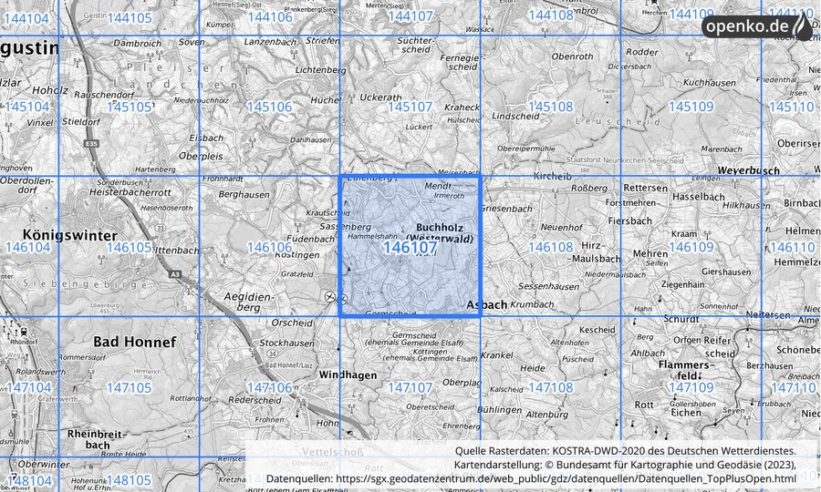 Übersichtskarte des KOSTRA-DWD-2020-Rasterfeldes Nr. 146107