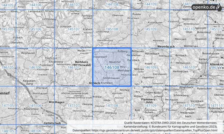 Übersichtskarte des KOSTRA-DWD-2020-Rasterfeldes Nr. 146108