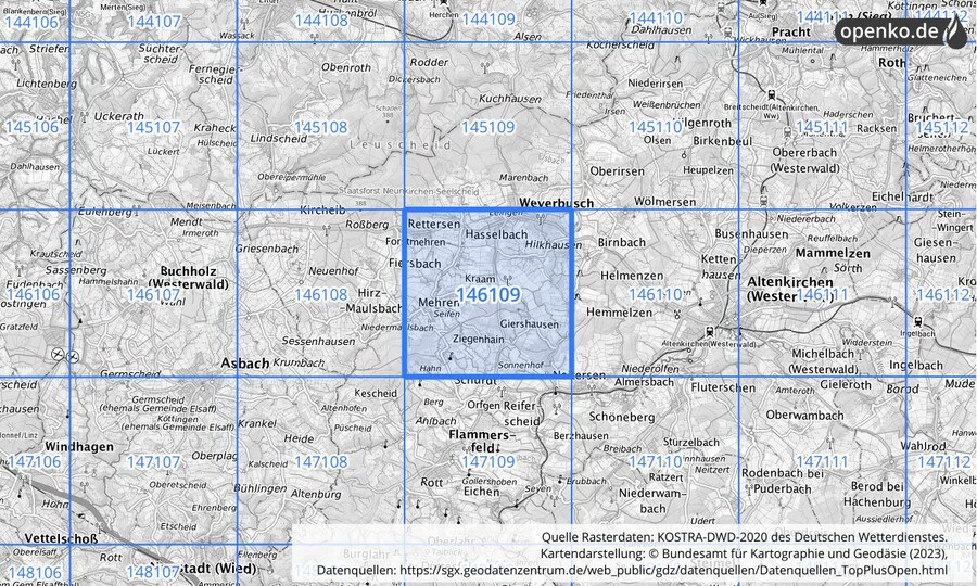 Übersichtskarte des KOSTRA-DWD-2020-Rasterfeldes Nr. 146109