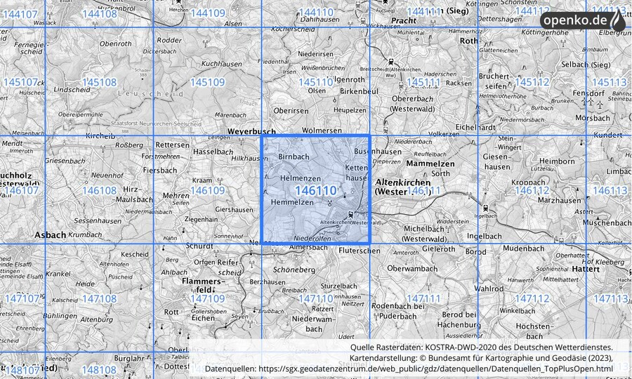 Übersichtskarte des KOSTRA-DWD-2020-Rasterfeldes Nr. 146110