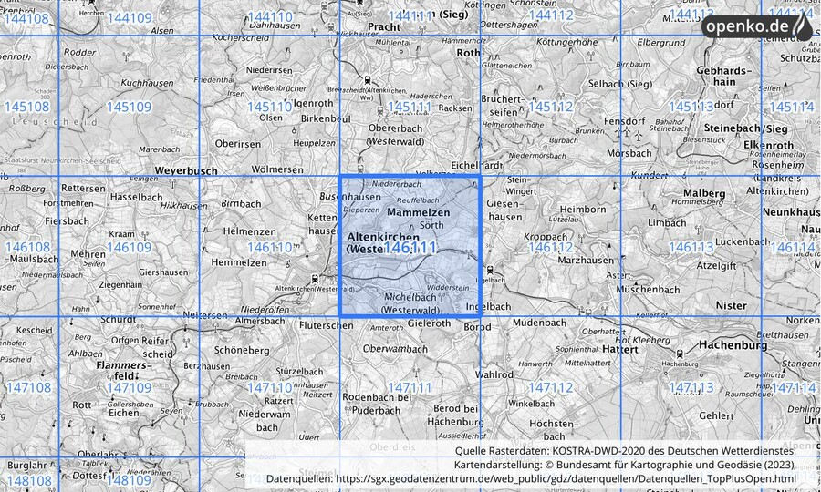 Übersichtskarte des KOSTRA-DWD-2020-Rasterfeldes Nr. 146111