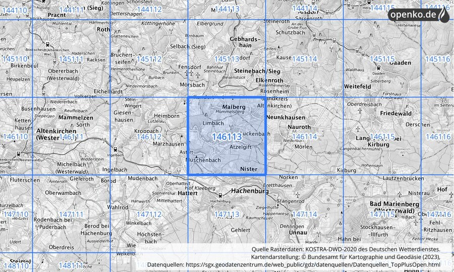 Übersichtskarte des KOSTRA-DWD-2020-Rasterfeldes Nr. 146113