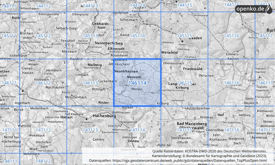 Übersichtskarte des KOSTRA-DWD-2020-Rasterfeldes Nr. 146114
