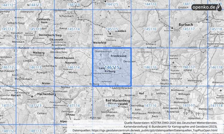 Übersichtskarte des KOSTRA-DWD-2020-Rasterfeldes Nr. 146115