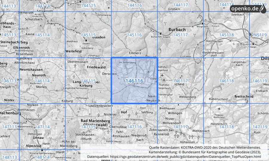 Übersichtskarte des KOSTRA-DWD-2020-Rasterfeldes Nr. 146116