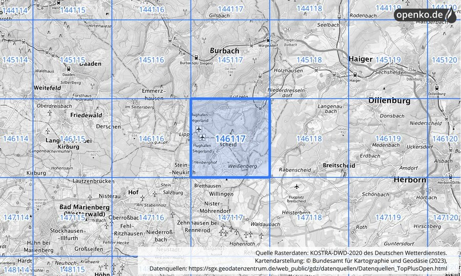 Übersichtskarte des KOSTRA-DWD-2020-Rasterfeldes Nr. 146117