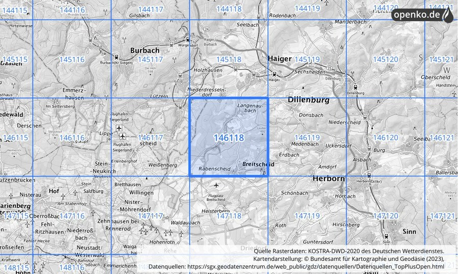 Übersichtskarte des KOSTRA-DWD-2020-Rasterfeldes Nr. 146118