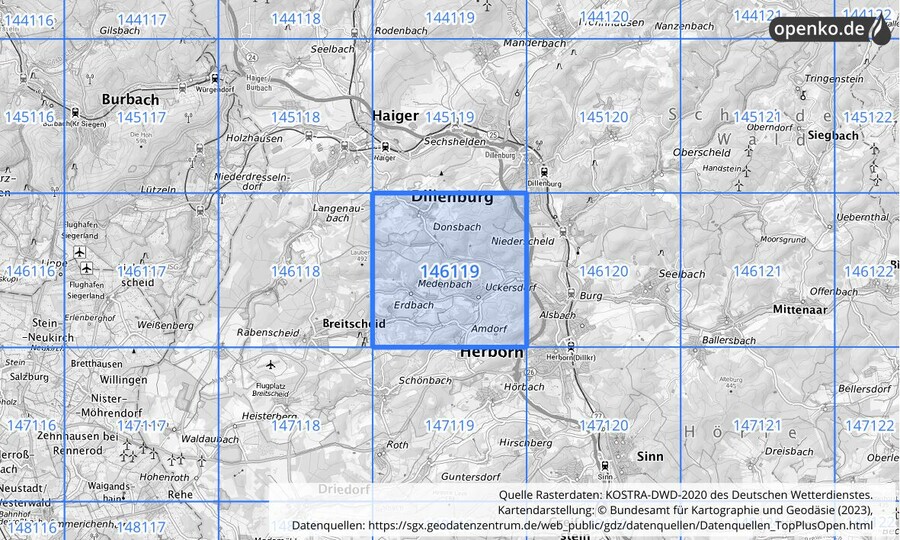 Übersichtskarte des KOSTRA-DWD-2020-Rasterfeldes Nr. 146119