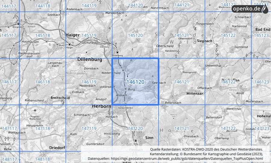 Übersichtskarte des KOSTRA-DWD-2020-Rasterfeldes Nr. 146120