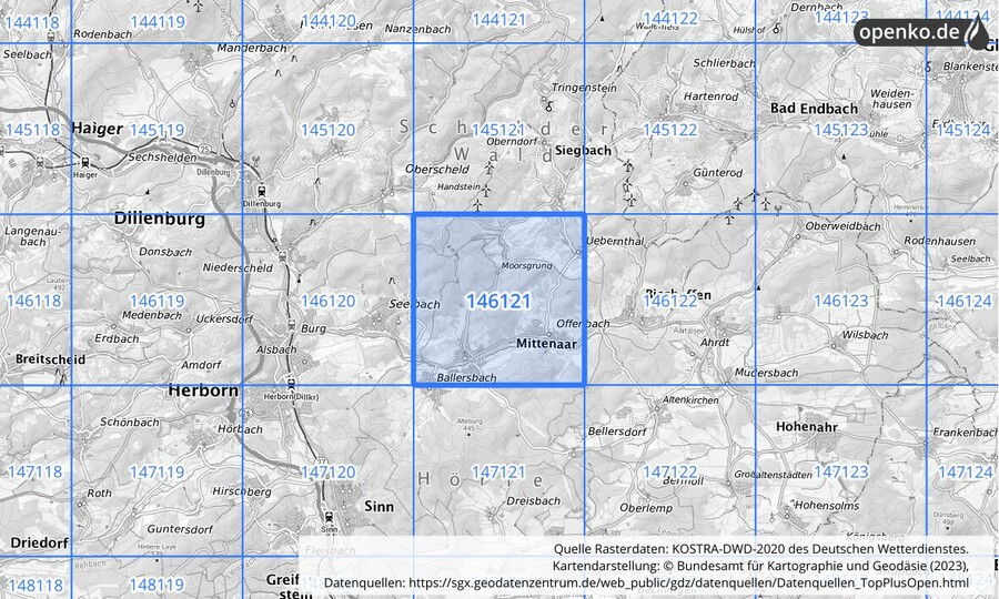Übersichtskarte des KOSTRA-DWD-2020-Rasterfeldes Nr. 146121