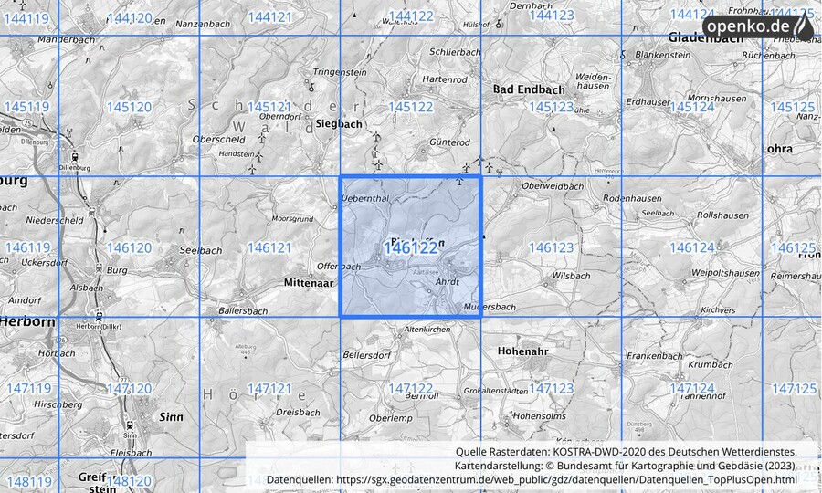 Übersichtskarte des KOSTRA-DWD-2020-Rasterfeldes Nr. 146122