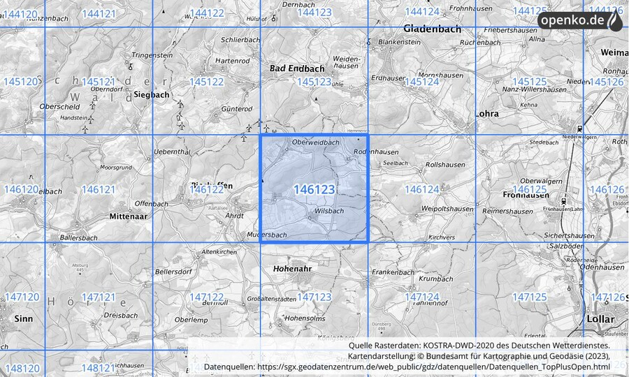 Übersichtskarte des KOSTRA-DWD-2020-Rasterfeldes Nr. 146123