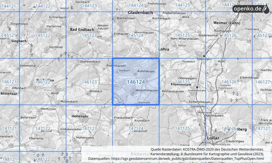 Übersichtskarte des KOSTRA-DWD-2020-Rasterfeldes Nr. 146124