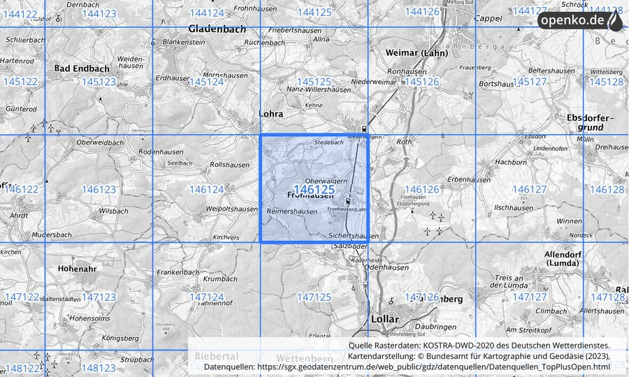 Übersichtskarte des KOSTRA-DWD-2020-Rasterfeldes Nr. 146125