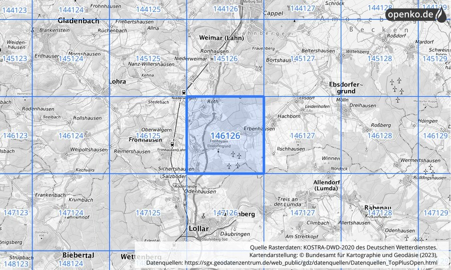 Übersichtskarte des KOSTRA-DWD-2020-Rasterfeldes Nr. 146126