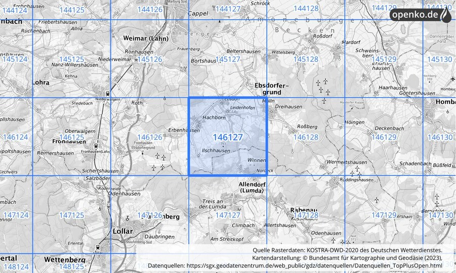 Übersichtskarte des KOSTRA-DWD-2020-Rasterfeldes Nr. 146127