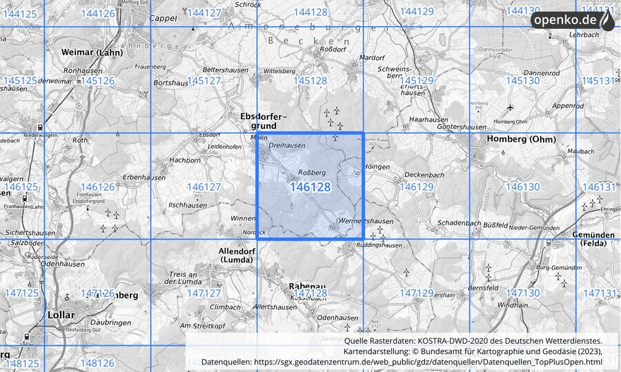 Übersichtskarte des KOSTRA-DWD-2020-Rasterfeldes Nr. 146128