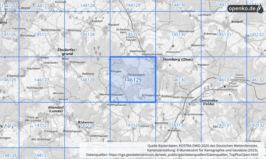 Übersichtskarte des KOSTRA-DWD-2020-Rasterfeldes Nr. 146129