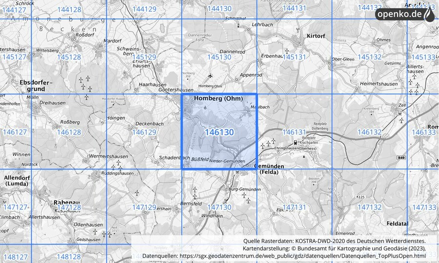 Übersichtskarte des KOSTRA-DWD-2020-Rasterfeldes Nr. 146130
