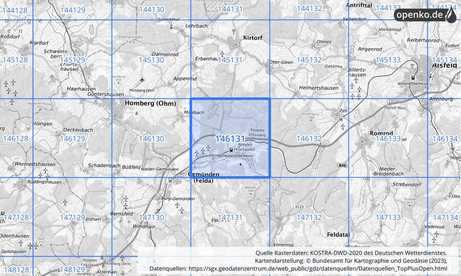 Übersichtskarte des KOSTRA-DWD-2020-Rasterfeldes Nr. 146131