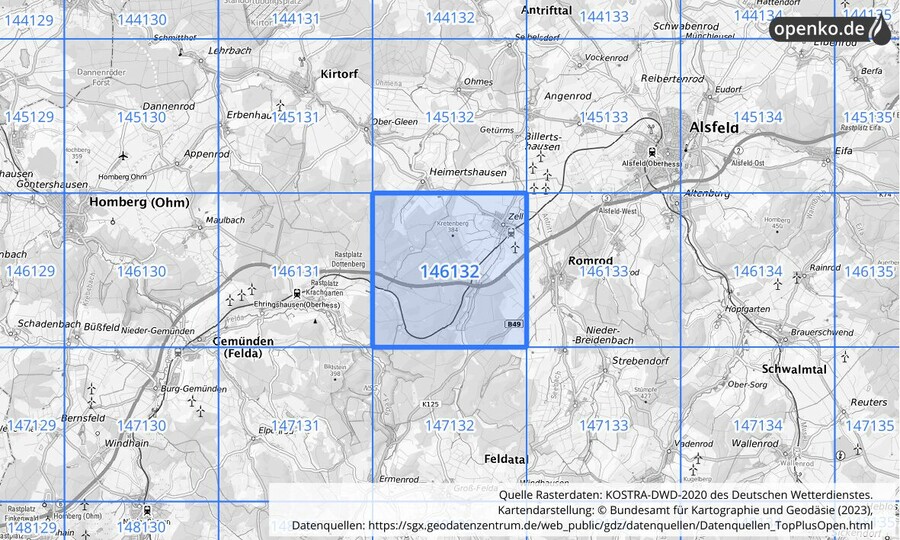 Übersichtskarte des KOSTRA-DWD-2020-Rasterfeldes Nr. 146132