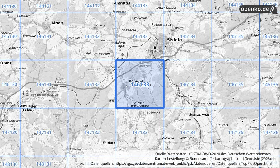 Übersichtskarte des KOSTRA-DWD-2020-Rasterfeldes Nr. 146133