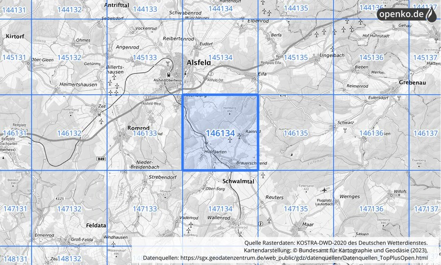 Übersichtskarte des KOSTRA-DWD-2020-Rasterfeldes Nr. 146134