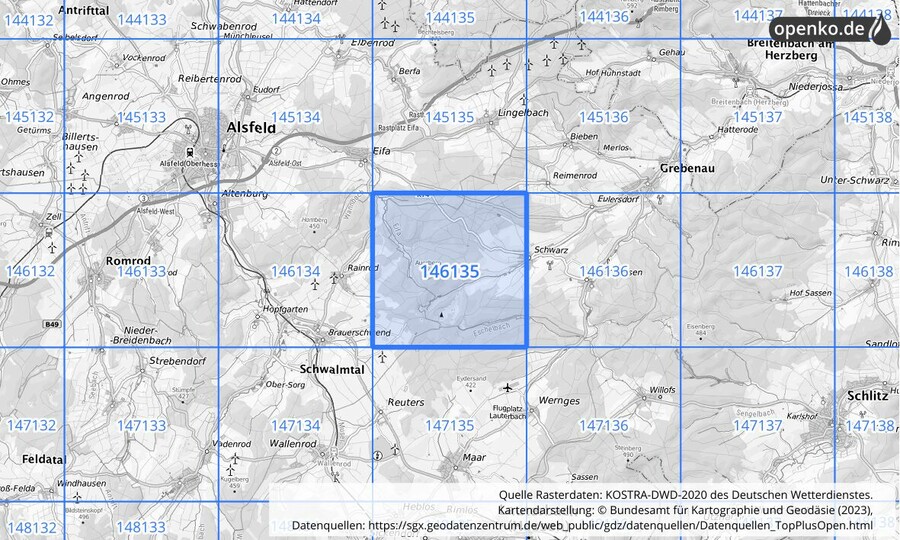 Übersichtskarte des KOSTRA-DWD-2020-Rasterfeldes Nr. 146135