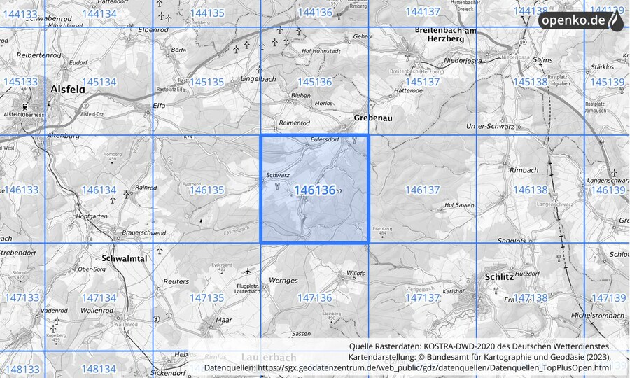 Übersichtskarte des KOSTRA-DWD-2020-Rasterfeldes Nr. 146136