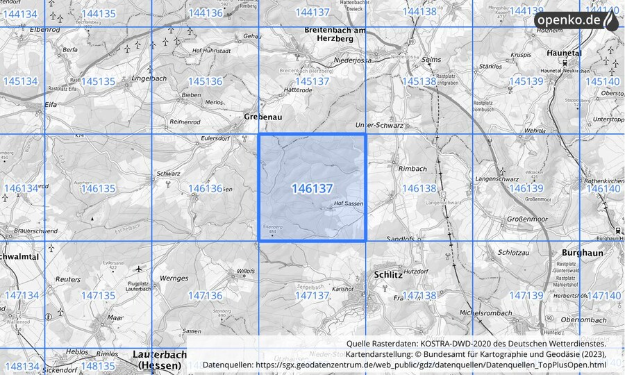 Übersichtskarte des KOSTRA-DWD-2020-Rasterfeldes Nr. 146137