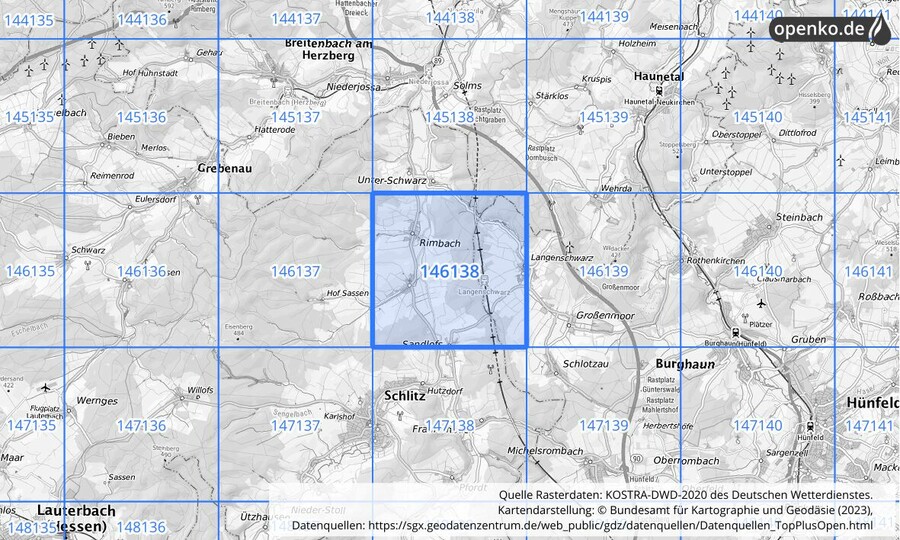 Übersichtskarte des KOSTRA-DWD-2020-Rasterfeldes Nr. 146138