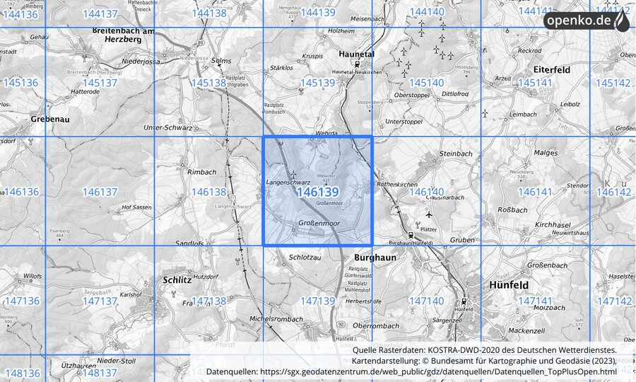 Übersichtskarte des KOSTRA-DWD-2020-Rasterfeldes Nr. 146139