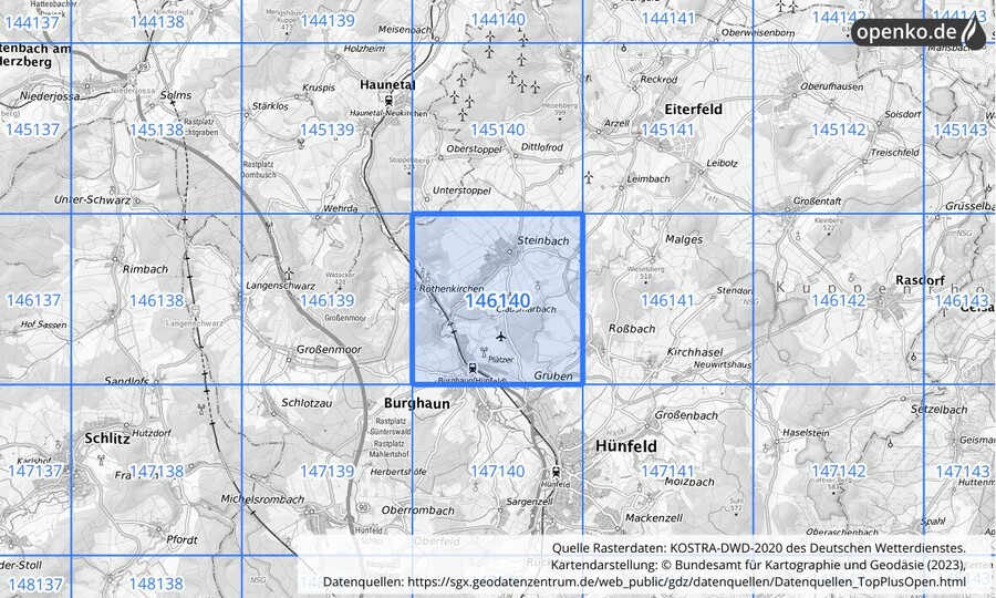 Übersichtskarte des KOSTRA-DWD-2020-Rasterfeldes Nr. 146140