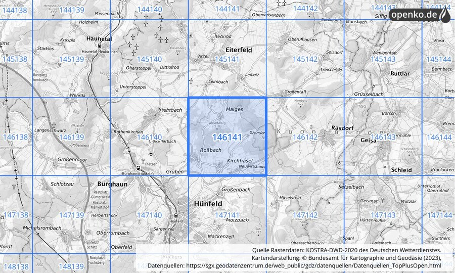 Übersichtskarte des KOSTRA-DWD-2020-Rasterfeldes Nr. 146141