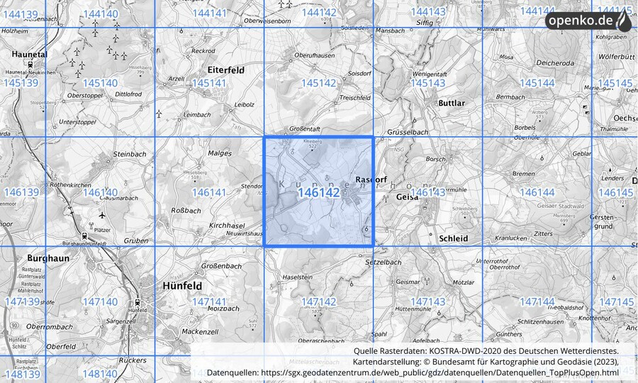 Übersichtskarte des KOSTRA-DWD-2020-Rasterfeldes Nr. 146142