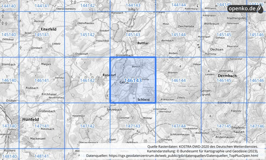 Übersichtskarte des KOSTRA-DWD-2020-Rasterfeldes Nr. 146143