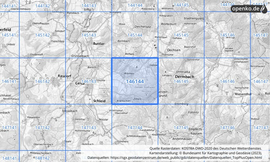 Übersichtskarte des KOSTRA-DWD-2020-Rasterfeldes Nr. 146144