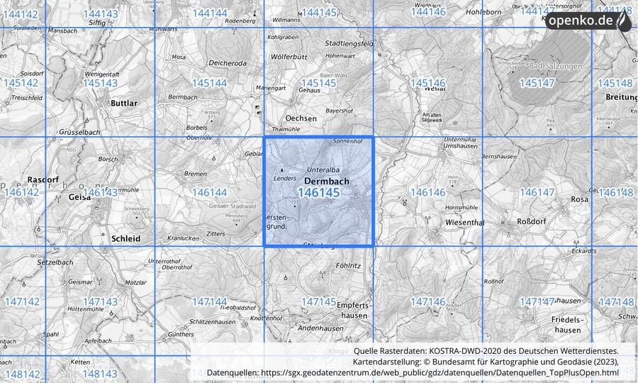 Übersichtskarte des KOSTRA-DWD-2020-Rasterfeldes Nr. 146145