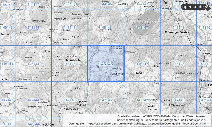Übersichtskarte des KOSTRA-DWD-2020-Rasterfeldes Nr. 146146
