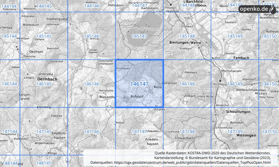 Übersichtskarte des KOSTRA-DWD-2020-Rasterfeldes Nr. 146147