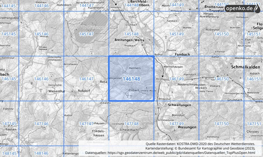 Übersichtskarte des KOSTRA-DWD-2020-Rasterfeldes Nr. 146148